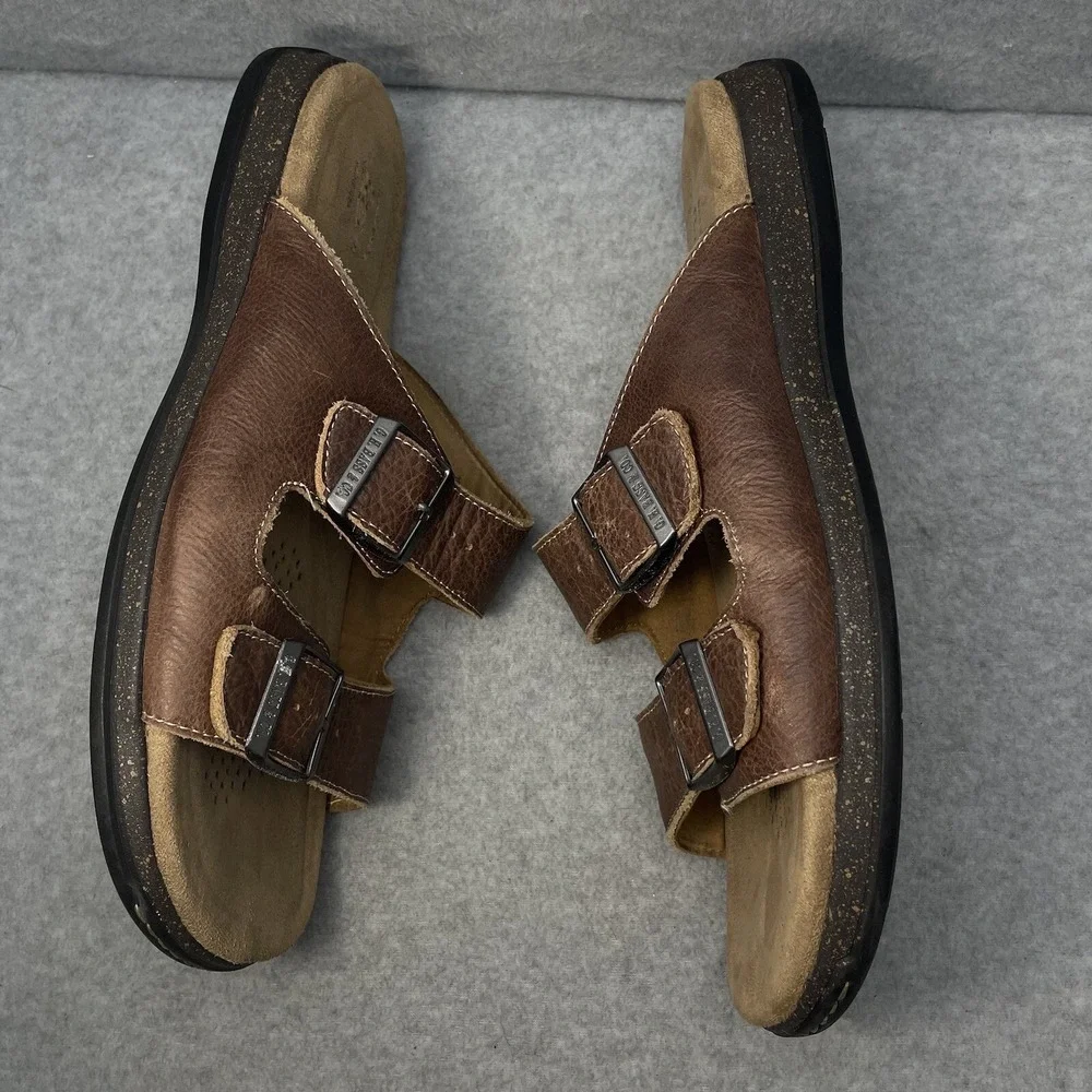 GH Bass & Co Men's 9M Brown Leather Slides double buckle Walking Sandal Casual